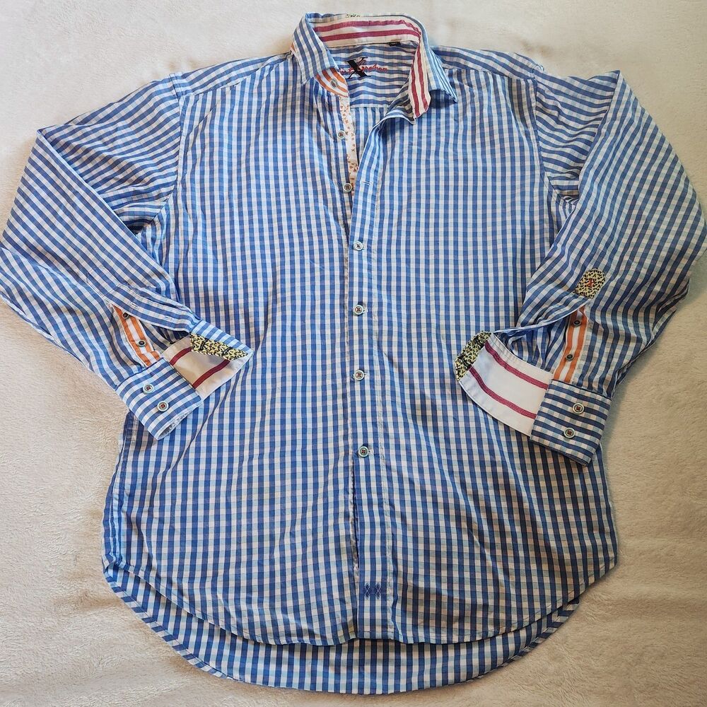 Robert Graham X Men's Large Blue Gingham Button Up Shirt Contrast Cuffs